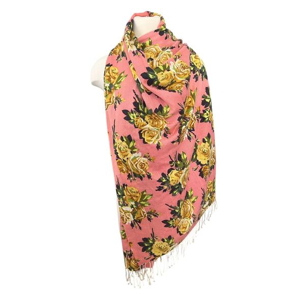 Floral Wide Scarf With Tassels Romantic Shawl Oversized Boho Versitile Soft - Picture 1 of 7